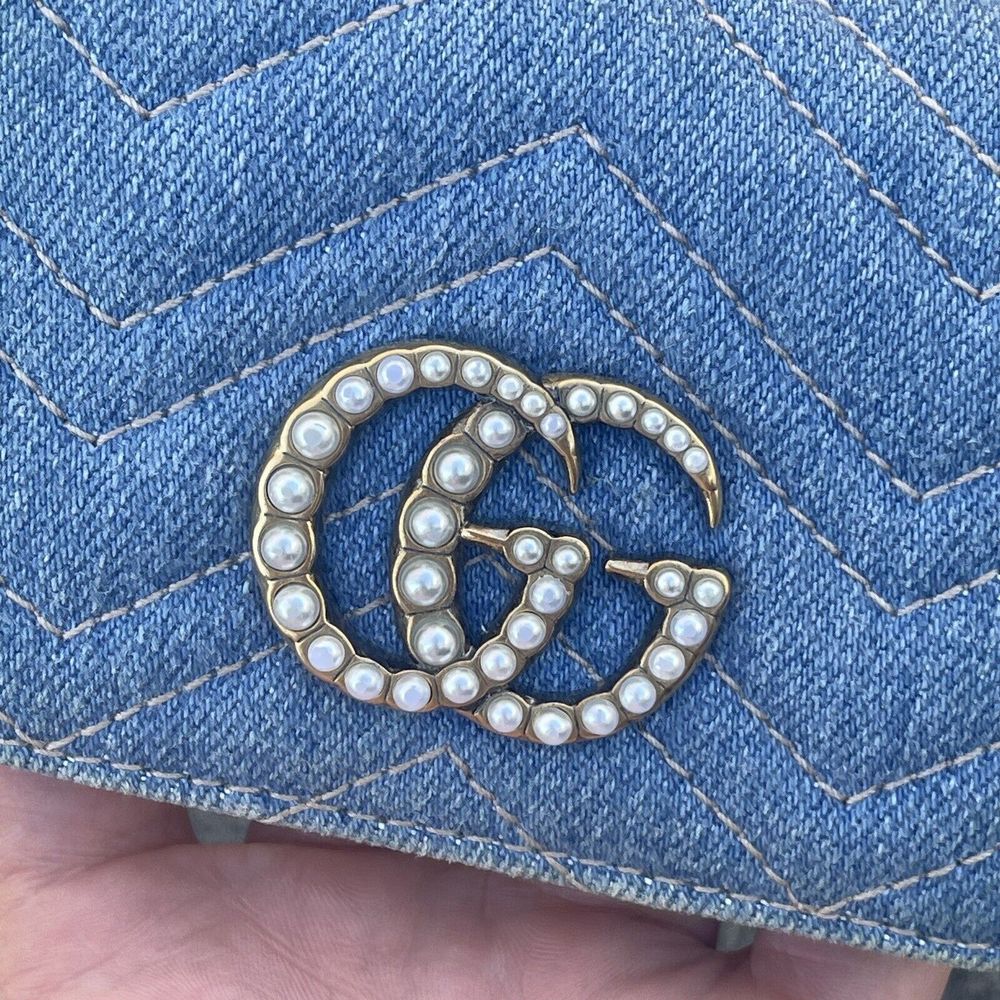 💕SOLD💕Gucci Marmont Denim Pearl GG Compact Wallet - Picture 7 of 15